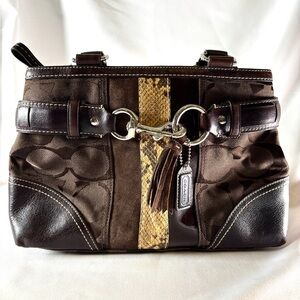 Coach Legacy Patchwork Python Suede & Signature Jacquard Satchel Brown